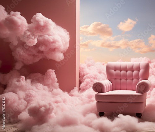 Illustration of a beautiful pink armchair surrounded by pink clouds in a dreamy environment. Armchair on the clouds in a pink paradise in the fantasy world.