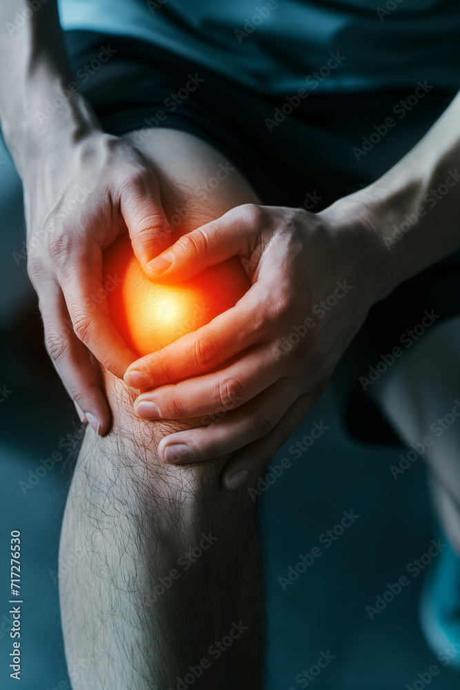 Sharp knee pain portrayed with glowing area, indicating muscle strain