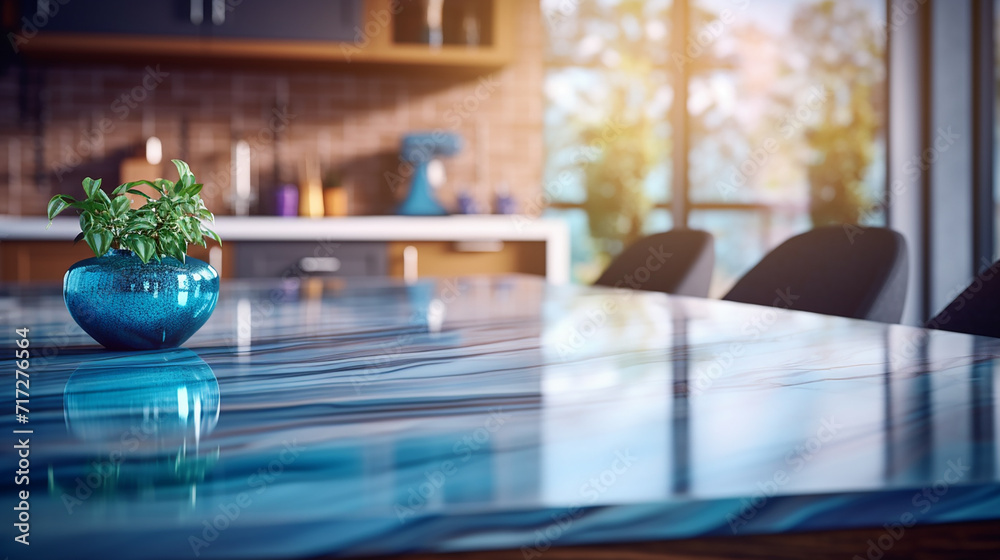 Kitchen table top with blurred modern interior Kitchen table top with blurred modern interior