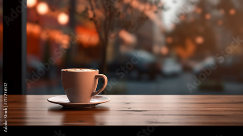 Blurred modern background, a cup of coffee on a wooden tabletop.