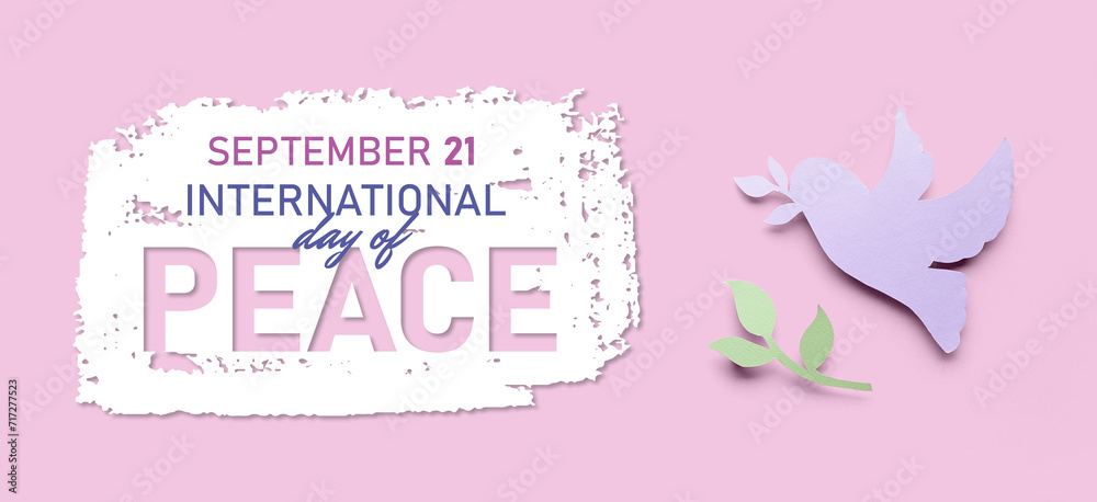 Paper dove and olive branch on pink background. Banner for International Day of Peace