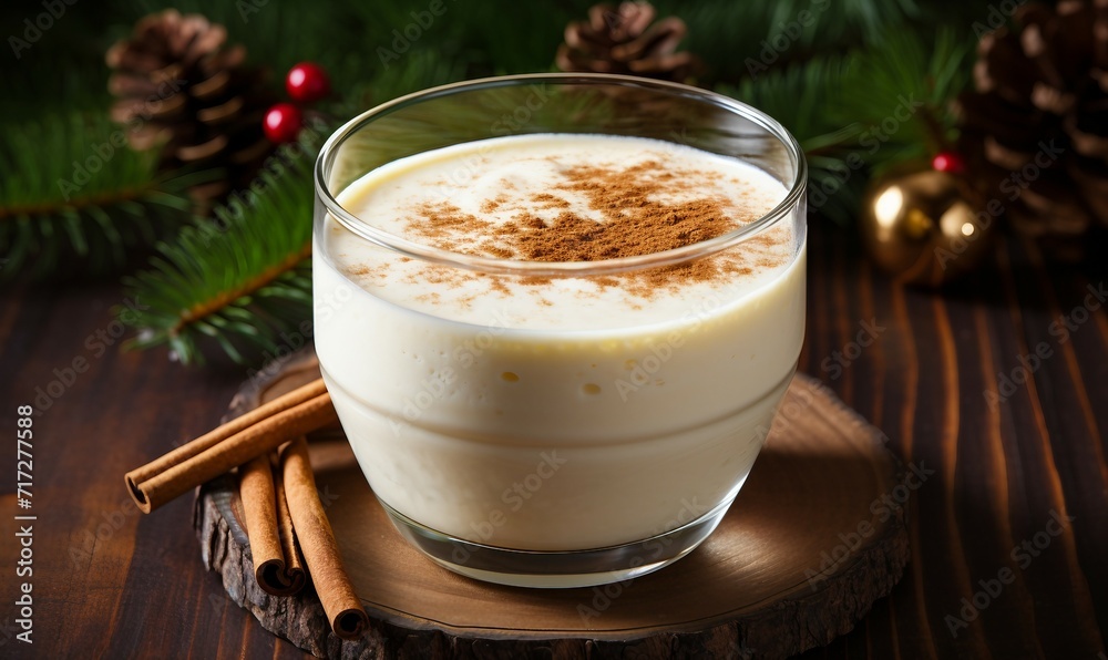 Traditional christmas eggnog with cinnamon and spices on wooden background Traditional christmas eggnog with cinnamon and spices on wooden background