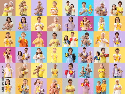 Big collage of little children with golden ribbons on color background. Childhood cancer awareness concept