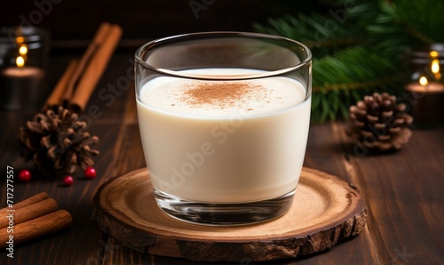 Eggnog with cinnamon in a glass on a wooden background