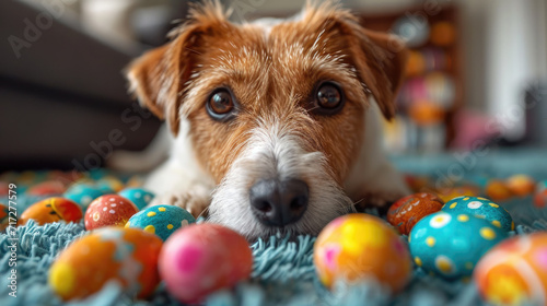 Curious Terrier Puppy with Bright Painted Eggs Celebrating Easter