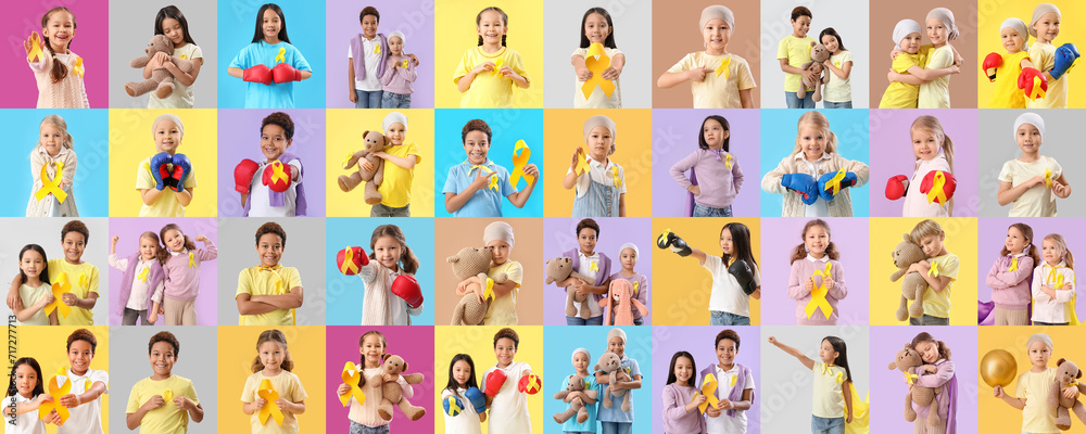 Group of little children with golden ribbons on color background. Childhood cancer awareness concept - obrazy, fototapety, plakaty 