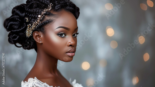 Elegant hairstyle of a dark-skinned woman in a wedding dress.