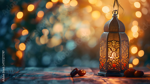 Ramadan lantern and dates fruit in the golden sparkling background. Fasting and iftar concept