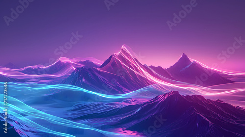 Surreal landscape - Neon dynamic lines moving between mountains. Glowing trajectory path. Concept of flowing energy. 