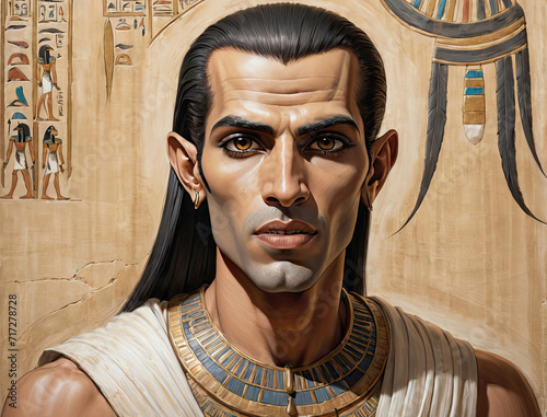 Close-up portrait of a Middle Eastern man in classic Egyptian vampire style with papyrus scroll paintings and high-tech urban landscapes Gen AI photo