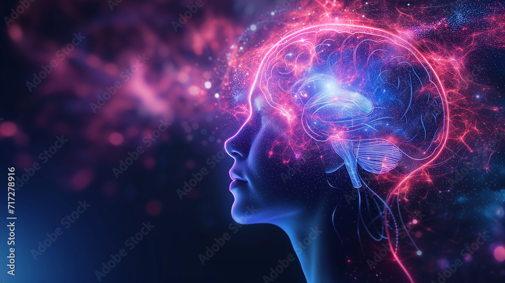 Abstract quantum consciousness of a beautiful woman in profile using her mind to see into the infinity of the universe 