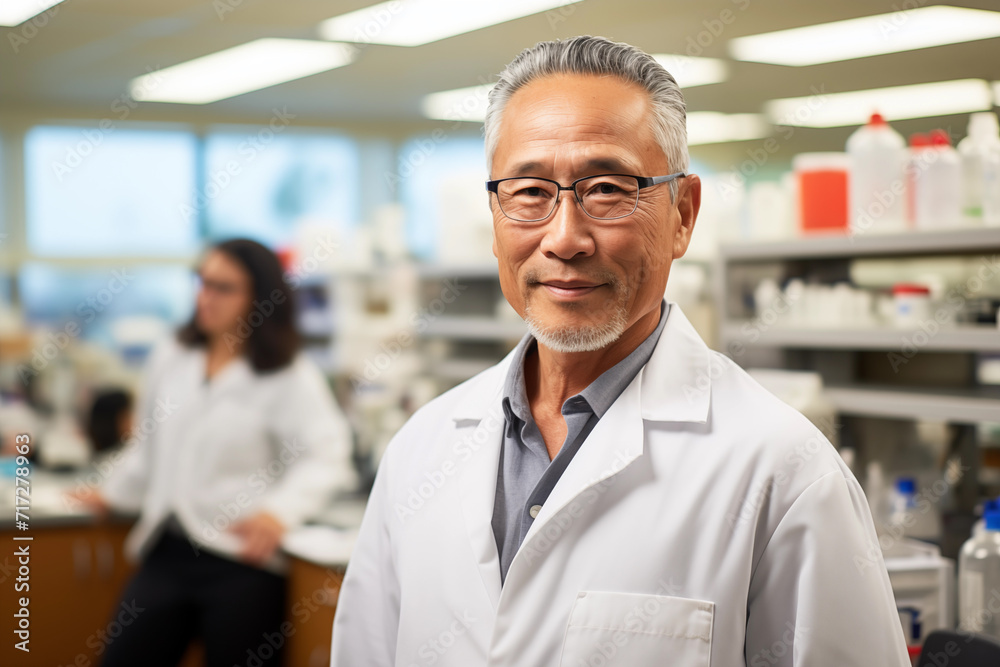 60-Year-Old Asian Male Scientist Leading Research in Busy Laboratory 60-Year-Old Asian Male Scientist Leading Research in Busy Laboratory