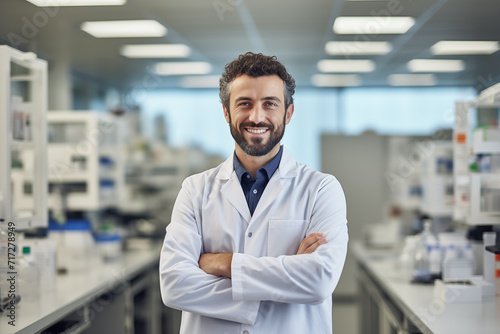 40-Year-Old Male Scientist in Busy Laboratory
