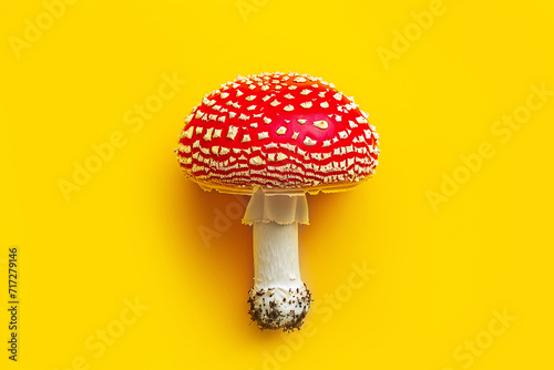 Colorful red caped white-spotted amanita muscaria mushroom on yellow background. Conceptual banner with copy space