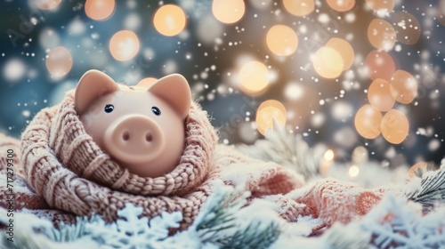 Piggy bank in a winter scene with a scarf and snowflakes generative ai