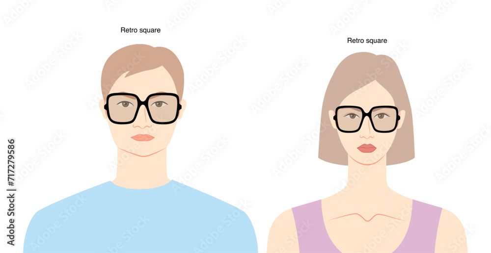 Retro Square frame glasses on women and men flat character fashion accessory illustration. Sunglass front view unisex silhouette style, rim spectacles eyeglasses, lens sketch outline isolated on white Retro Square frame glasses on women and men flat character fashion accessory illustration. Sunglass front view unisex silhouette style, rim spectacles eyeglasses, lens sketch outline isolated on white