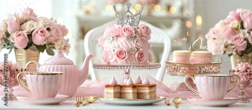 Princess-themed bridal shower with pink cake stand, roses teapot, tea cup, diamond crown tiara, gold cutlery, honoring royal wedding. photo