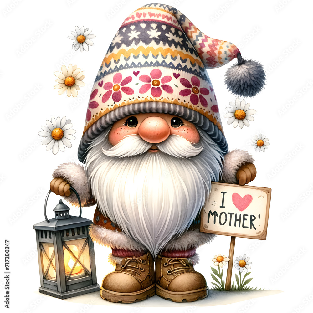 Obraz premium Cute Watercolor Gnome Mother's Day Clipart Illustration