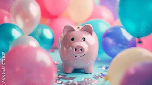 Piggy bank surrounded by colorful balloons generative ai