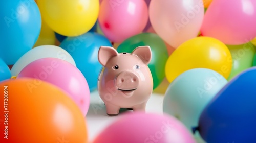 Piggy bank surrounded by colorful balloons generative ai