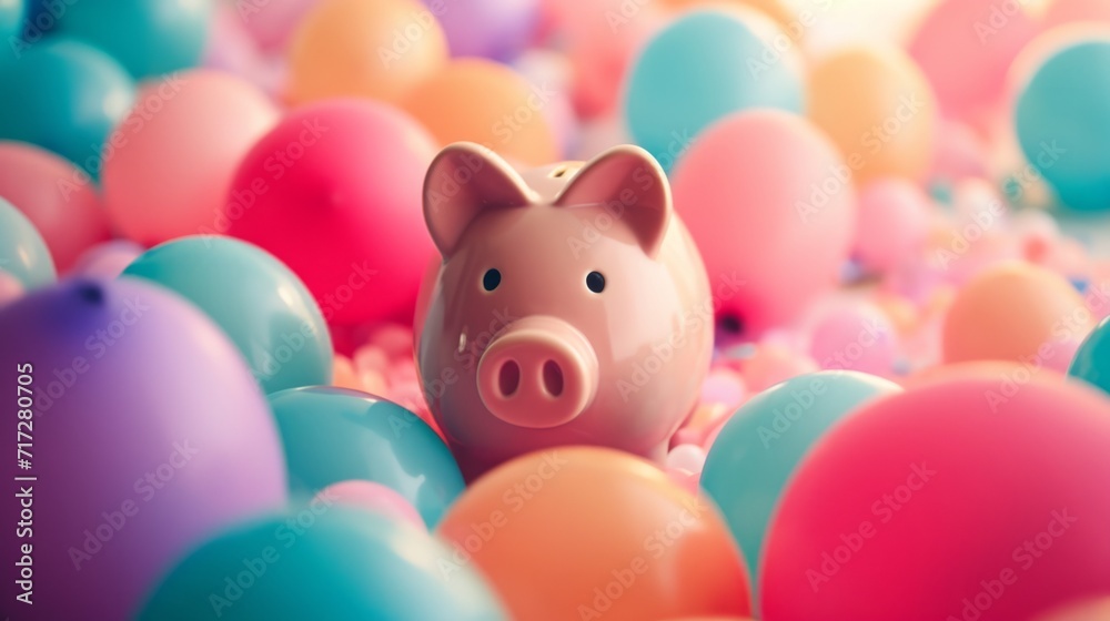 Piggy bank surrounded by colorful balloons generative ai Piggy bank surrounded by colorful balloons generative ai