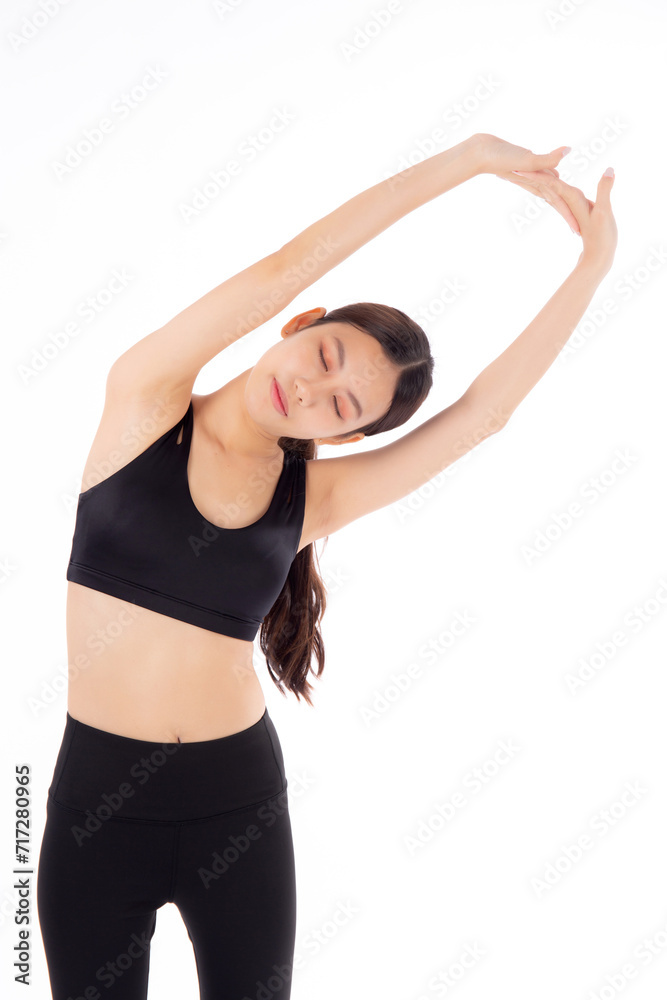 Portrait beautiful young asian woman stretching hands or arms for exercise yoga and relax isolated on white background, female workout training for muscle strong, sport and health care concept. Portrait beautiful young asian woman stretching hands or arms for exercise yoga and relax isolated on white background, female workout training for muscle strong, sport and health care concept.