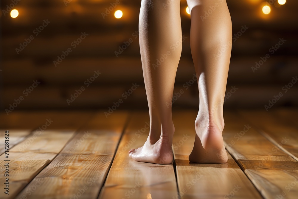 Feet of a young ballerina standing on the wooden floor, Ai Generated Feet of a young ballerina standing on the wooden floor, Ai Generated