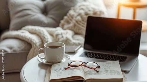 Cup of coffee with book on sofa in room 