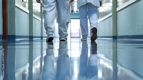 professional hospital staff walking down a corridor. Doctor in a hospital.