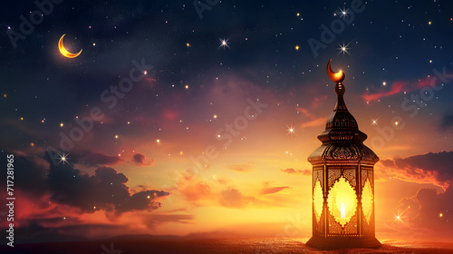 Ramadan lantern with beautiful night background decorated with stars and crescent moon photo