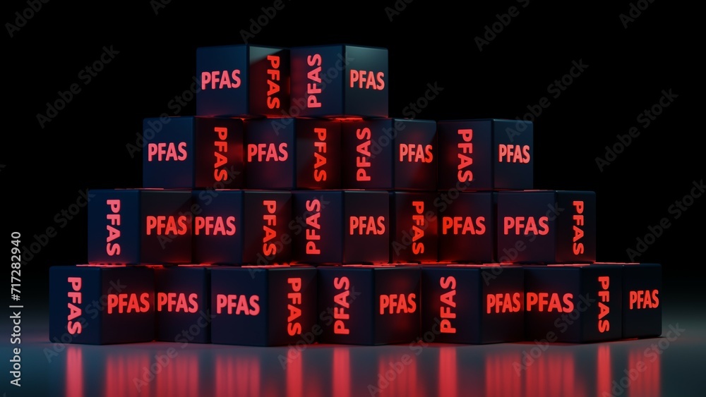 Stacked cubes with a PFAS word on it. 3D render illustration