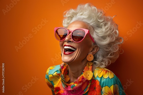 Colorful studio shot portrait of a senior woman, floral concept, isolated on orange background. Generative AI.