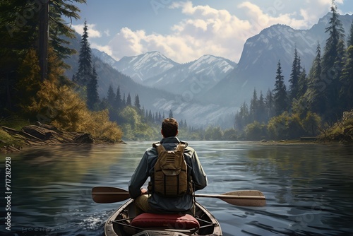 Man paddling a canoe on a lake with mountains in the background  Ai Generated