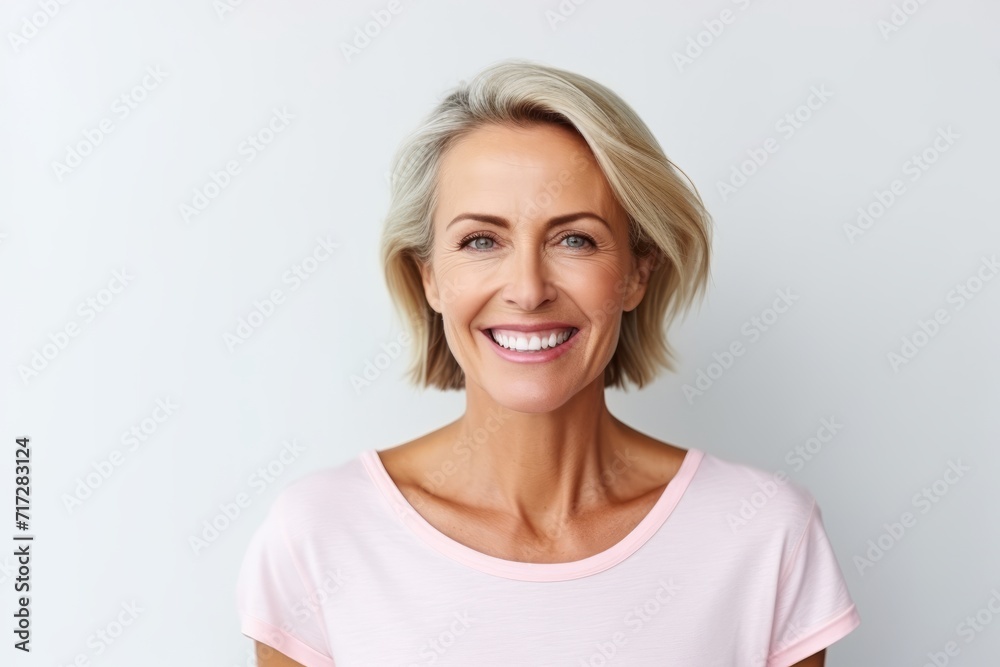 Portrait of a beautiful mature woman smiling at the camera while standing against grey background Portrait of a beautiful mature woman smiling at the camera while standing against grey background