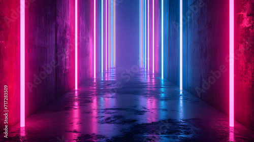 Futuristic sci-fi abstract neon lights and reflective concrete on a dark room © jxvxnism