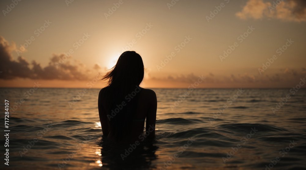 Rear view shot from behind of a young woman spending time meditating in the sea at sunset, space for text
