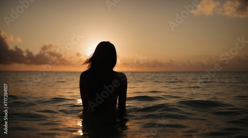 Rear view shot from behind of a young woman spending time meditating in the sea at sunset, space for text 