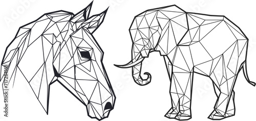 Low Polygon Line Art Animals, Coloring book characters Black and white, Elephant, Horse