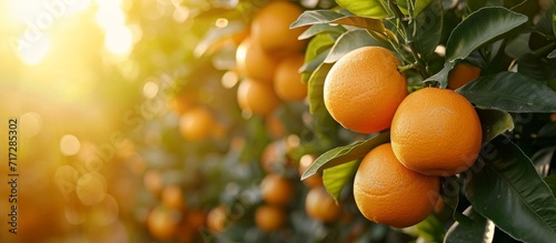 Ripe oranges grow on green trees in a sunny plantation.