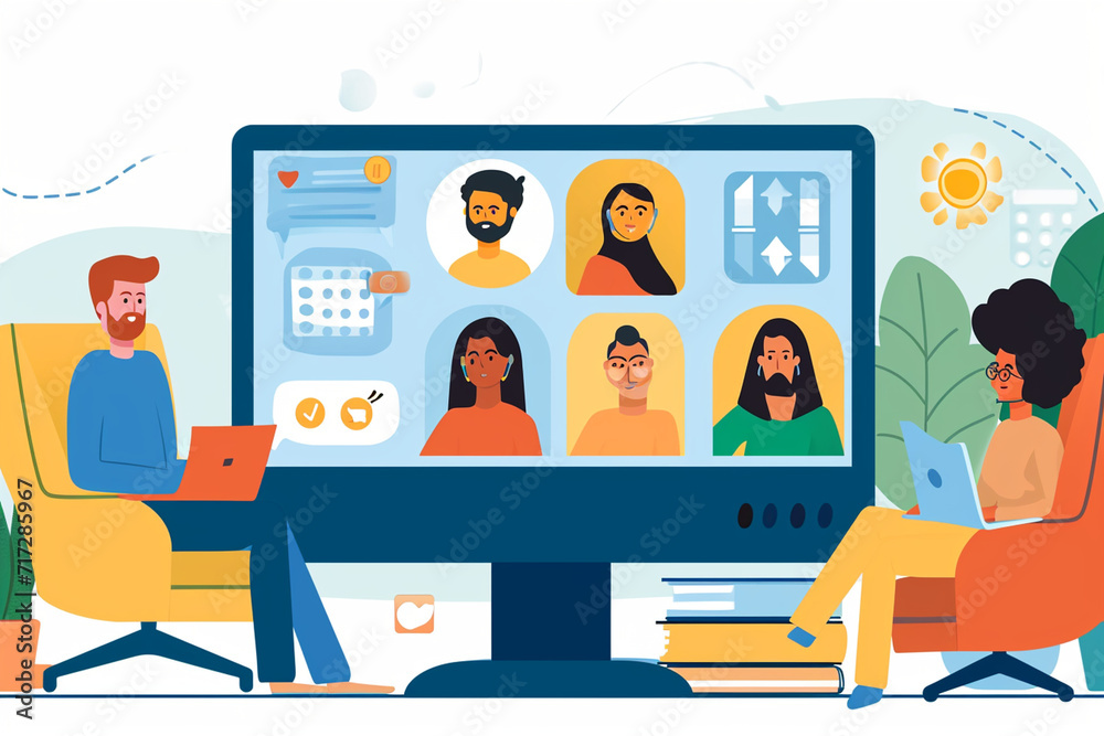 Illustration of a digital virtual meeting with participants' faces on screen, Flat illustration