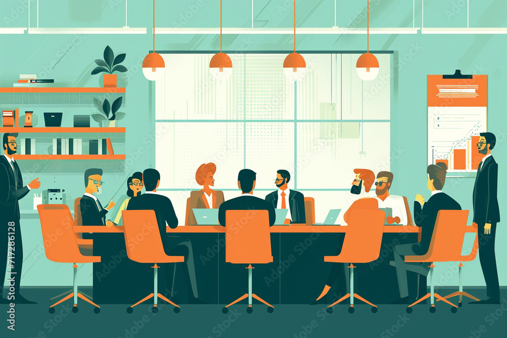 Illustration of a heated debate in a boardroom setting, Flat illustration Illustration of a heated debate in a boardroom setting, Flat illustration