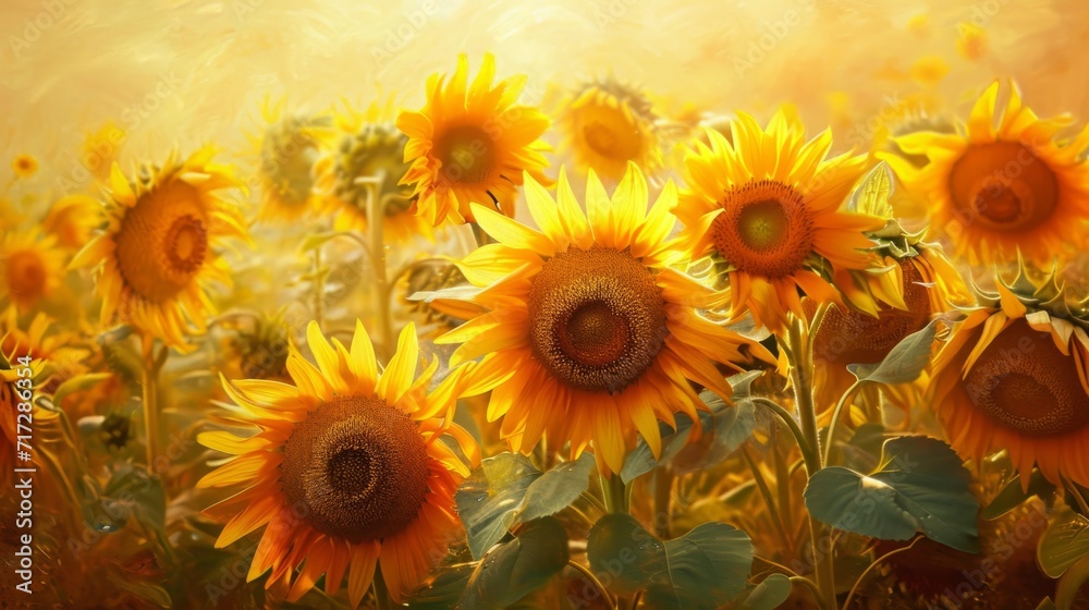 Radiant sunflowers in a tropical field, basking in golden yellows and deep oranges generative ai Radiant sunflowers in a tropical field, basking in golden yellows and deep oranges generative ai