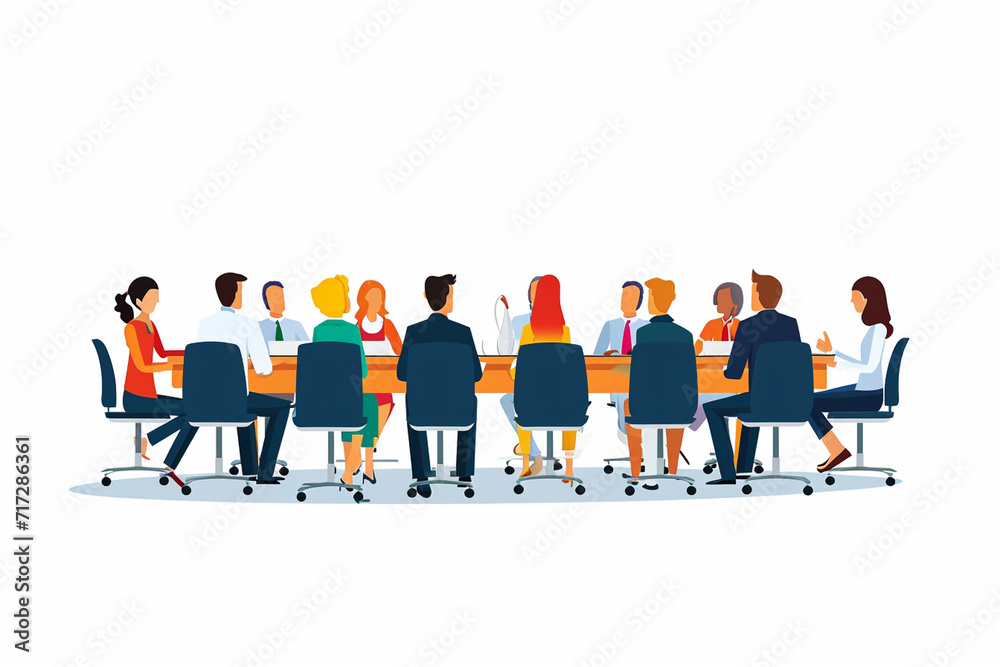Illustration of a negotiation meeting between two groups at a large table, Flat illustration Illustration of a negotiation meeting between two groups at a large table, Flat illustration