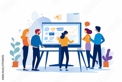 Illustration of a project debrief with team members standing around a monitor, Flat illustration
