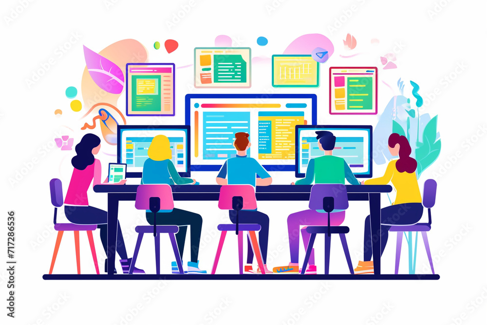 Illustration of a group learning new software on computers, Flat illustration