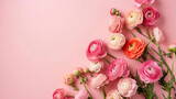 A border of pastel-colored ranunculus on a complementary soft background, wedding, Flat lay, top view, with copy space