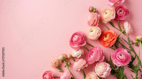 A border of pastel-colored ranunculus on a complementary soft background, wedding, Flat lay, top view, with copy space photo