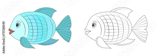 Fish line and color illustration. Cartoon vector illustration for coloring book.