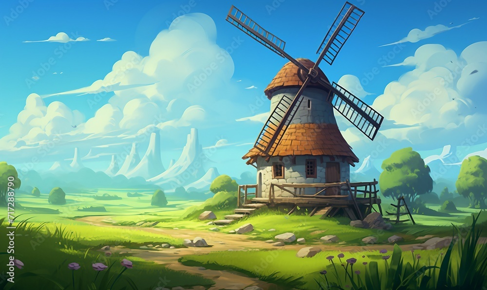 Cartoon landscape with windmill and green meadow. Vector illustration