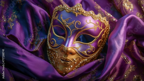 Royal purple and gold masquerade mask, conveying opulence and grandeur on a luxurious background generative ai © ThisDesign